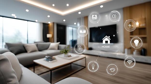 Smart home control interface managing security, lighting, climate, and appliances from one hub