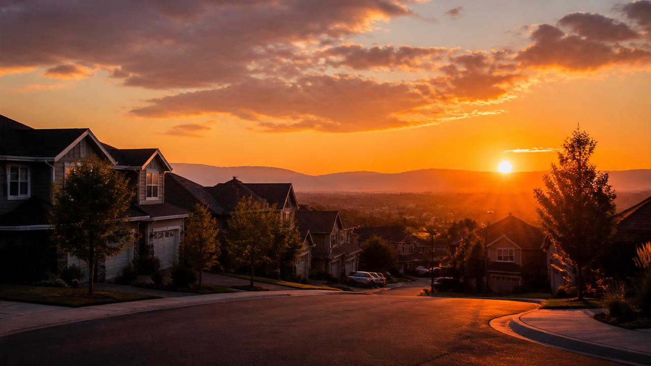 Suburban homes silhouetted against a warm sunset sky