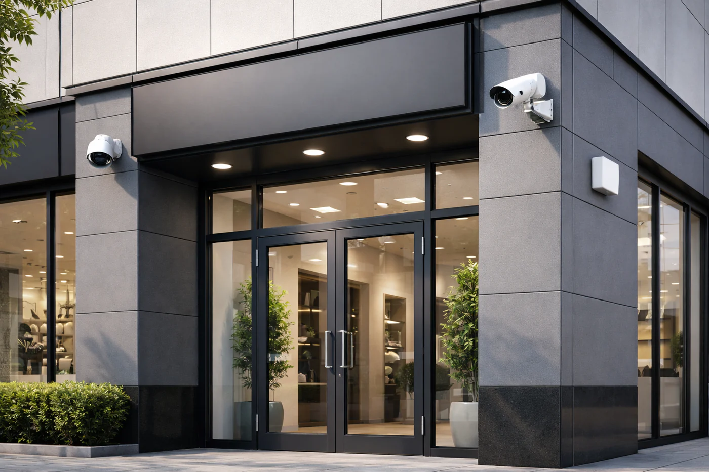 Commercial building entrance protected by security cameras